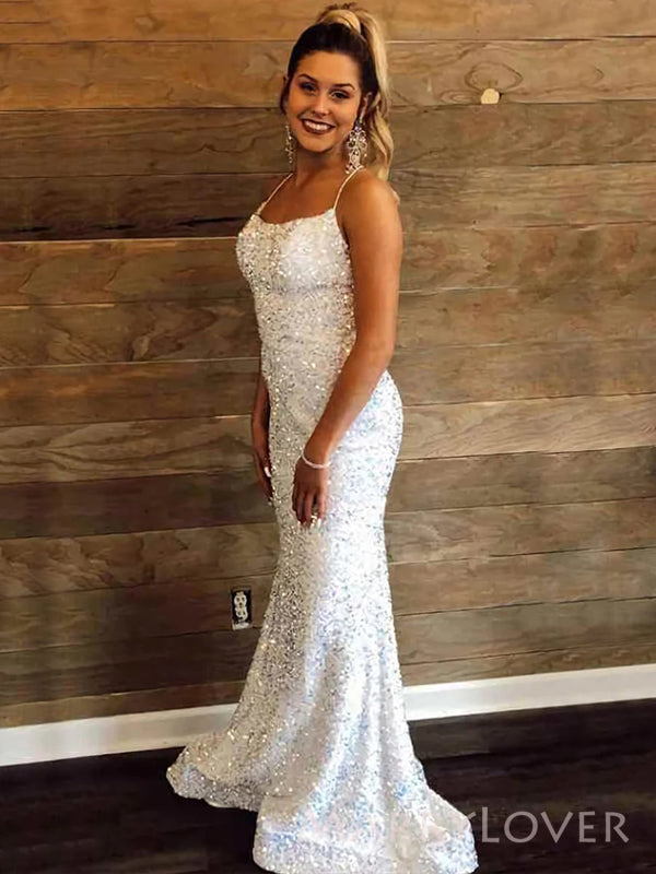 Sparkly White Sequins Spaghetti Straps Long Evening Prom Dresses, Mermaid Backless Custom Prom Dress, MR8872