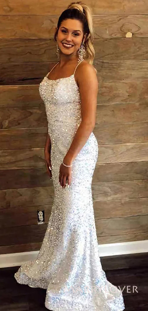 Sparkly White Sequins Spaghetti Straps Long Evening Prom Dresses, Mermaid Backless Custom Prom Dress, MR8872