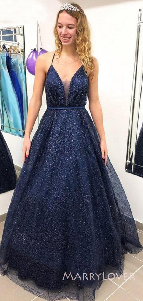 Navy Blue Tulle Sparkly V-neck Long Evening Prom Dresses, A-line Prom Dress, MR8877