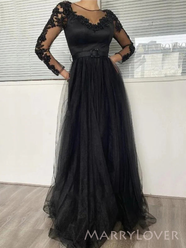 Black Tulle A-line Long Evening Prom Dresses, Long Sleeves Prom Dress, MR8880