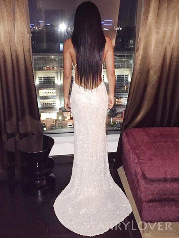 White Sequins Mermaid Spaghetti Straps Long Evening Prom Dresses, V-neck Prom Dress, MR8881