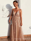 V-neck Sparkly A-line Long Evening Prom Dresses, Spaghetti Straps Prom Dress, MR8883