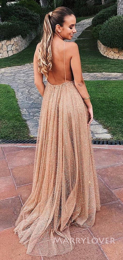 V-neck Sparkly A-line Long Evening Prom Dresses, Spaghetti Straps Prom Dress, MR8883