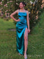 Simple Satin Spaghetti Straps Mermaid Side Slit Long Evening Prom Dresses, MR8884