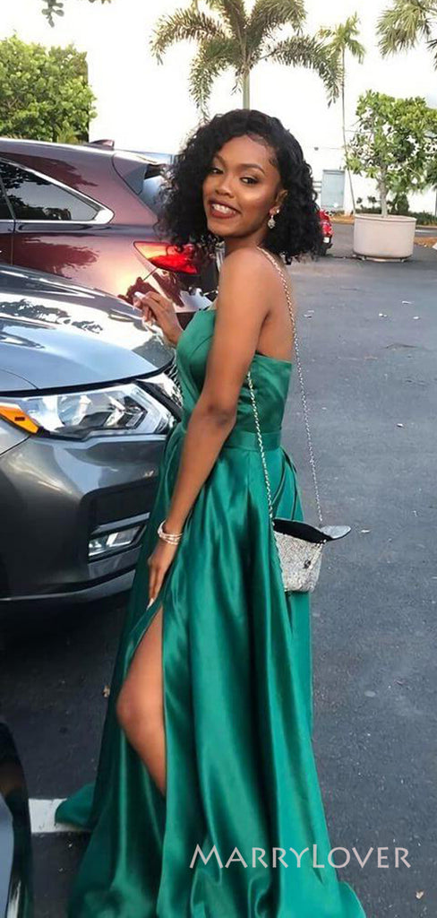 A-line Strapless Side Slit Long Evening Prom Dresses, Emerald Green Satin Prom Dress, MR8885