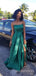 A-line Strapless Side Slit Long Evening Prom Dresses, Emerald Green Satin Prom Dress, MR8885