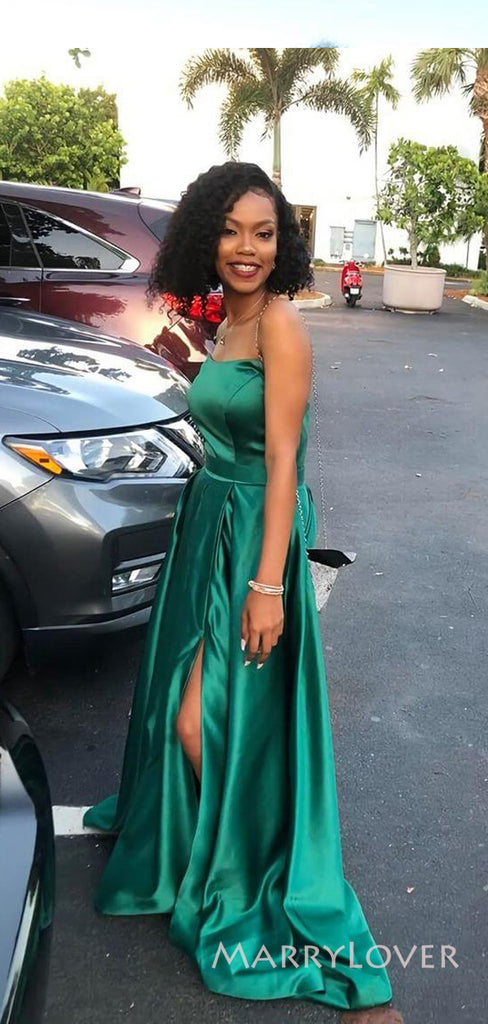 A-line Strapless Side Slit Long Evening Prom Dresses, Emerald Green Satin Prom Dress, MR8885