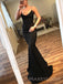 Black Satin Spaghetti Straps Mermaid Formal Long Evening Prom Dresses, MR8887