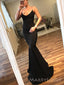 Black Satin Spaghetti Straps Mermaid Formal Long Evening Prom Dresses, MR8887