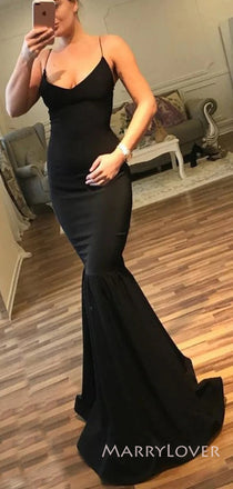 Black Satin Spaghetti Straps Mermaid Formal Long Evening Prom Dresses, MR8887