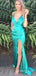 Deep V-neck Satin Mermaid Side Slit Long Evening Prom Dresses, Spaghetti Straps Prom Dress, MR8892