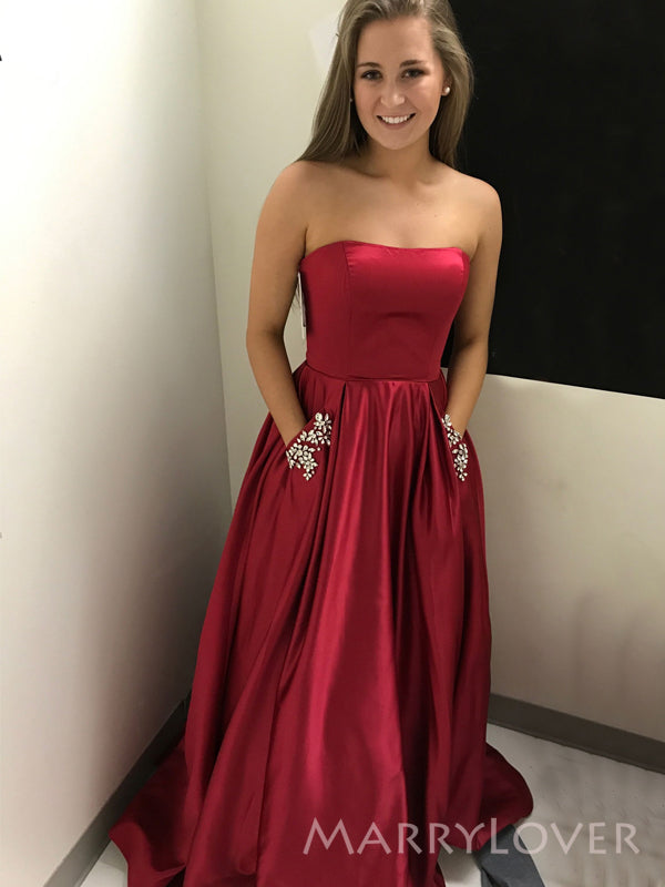 A-line Dark Red Satin Beaded Long Evening Prom Dresses, Strapless Prom Dress, MR8893