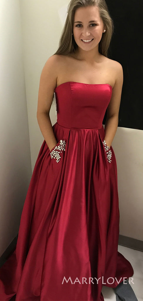 A-line Dark Red Satin Beaded Long Evening Prom Dresses, Strapless Prom Dress, MR8893