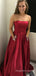 A-line Dark Red Satin Beaded Long Evening Prom Dresses, Strapless Prom Dress, MR8893