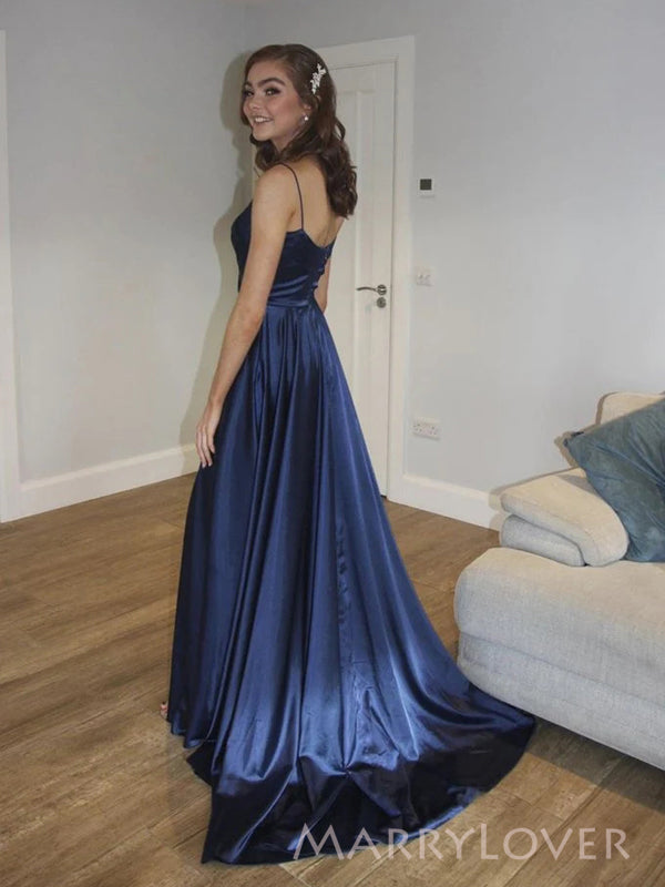 Spaghetti Straps Navy Blue Satin Side Slit Long Evening Prom Dresses, A-line Prom Dress, MR8899