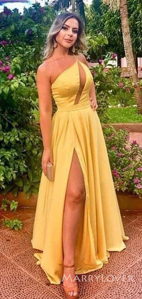 A-line Yellow Satin Side Slit Long Evening Prom Dresses, One Shoulder Prom Dress, MR8901