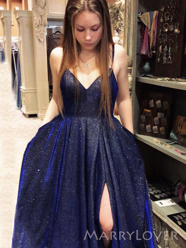 Sparkly Navy Blue A-line Long Evening Prom Dresses, Spaghetti Straps Prom Dress, MR8902