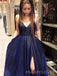 Sparkly Navy Blue A-line Long Evening Prom Dresses, Spaghetti Straps Prom Dress, MR8902