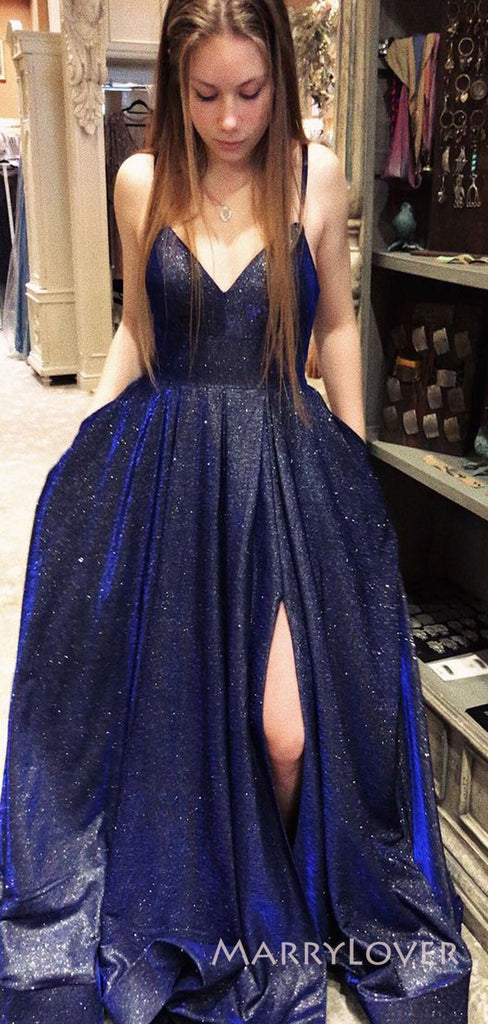 Sparkly Navy Blue A-line Long Evening Prom Dresses, Spaghetti Straps Prom Dress, MR8902