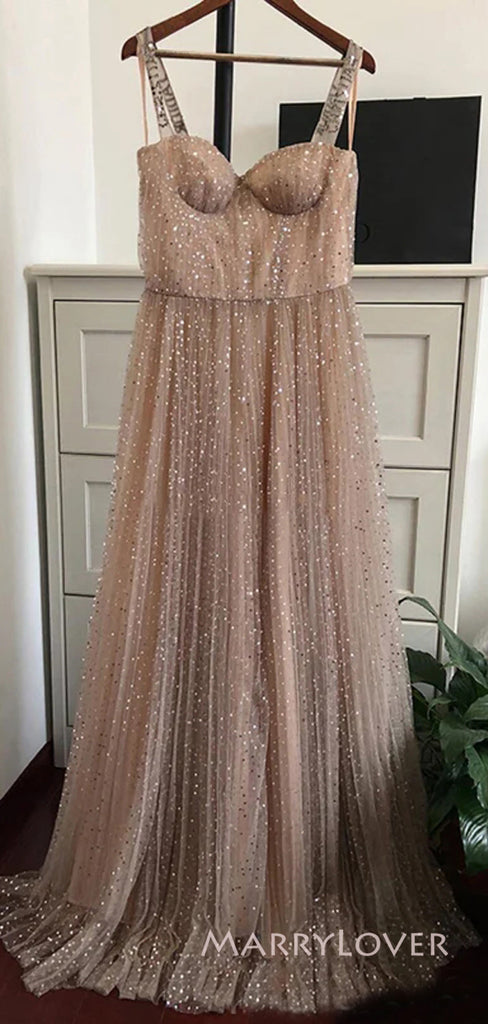 A-line Tulle Sweetheart Straps Long Evening Prom Dresses, Sparkly Prom Dress, MR8904