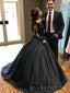 Long Sleeves Black Satin Appliques A-line Long Evening Prom Dresses, Off Shoulder Prom Dress, MR8907