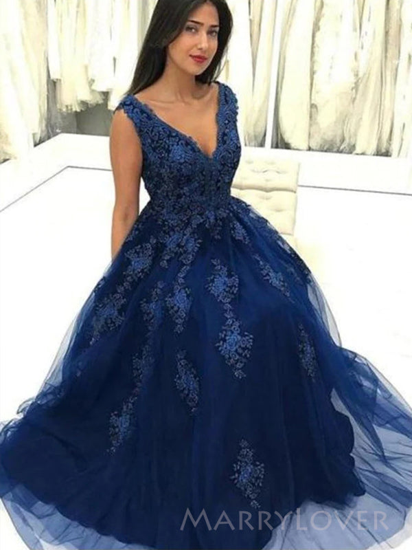 A-line Blue Tulle Appliques Long Evening Prom Dresses, V-neck Prom Dress, MR8908