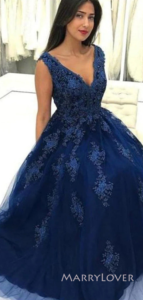 A-line Blue Tulle Appliques Long Evening Prom Dresses, V-neck Prom Dress, MR8908