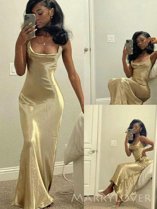 Simple Satin Mermaid Long Evening Prom Dresses, Spaghetti Straps Prom Dress, MR8909