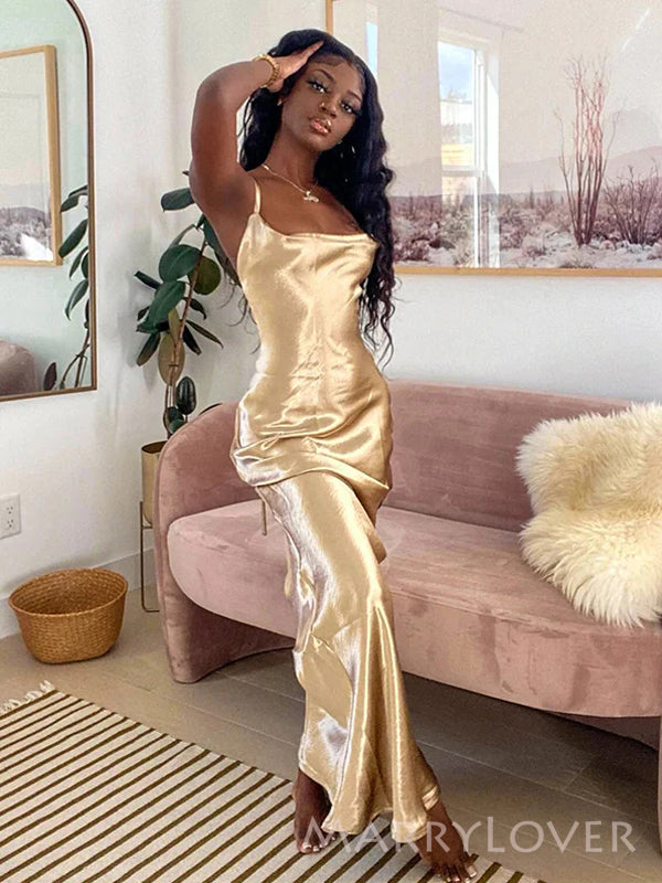 Simple Satin Mermaid Long Evening Prom Dresses, Spaghetti Straps Prom Dress, MR8909