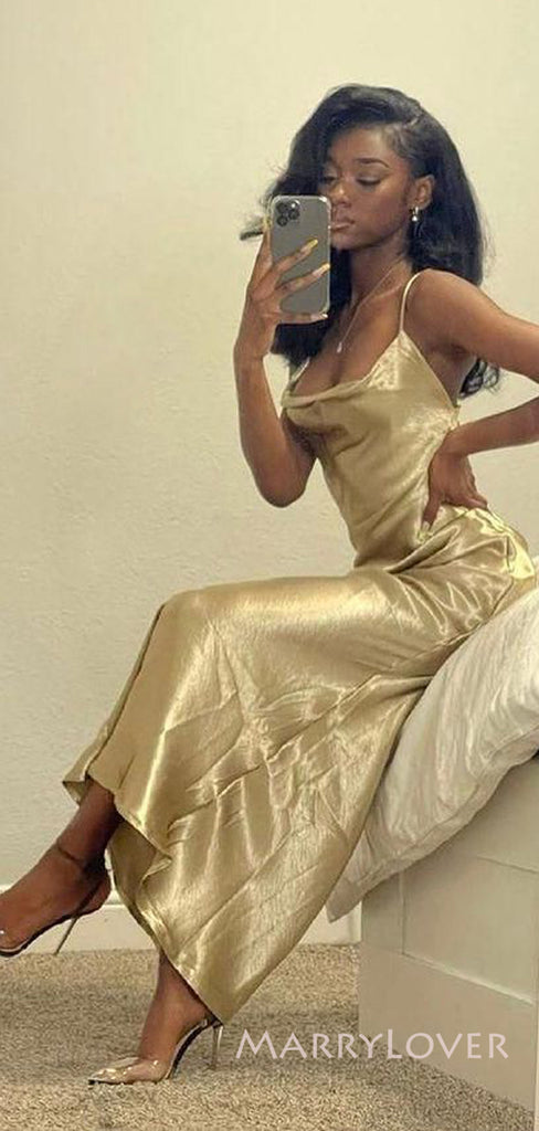 Simple Satin Mermaid Long Evening Prom Dresses, Spaghetti Straps Prom Dress, MR8909