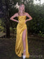 Gold Satin Side Slit Spaghetti Straps Long Evening Prom Dresses, Mermaid Prom Dress, MR8919