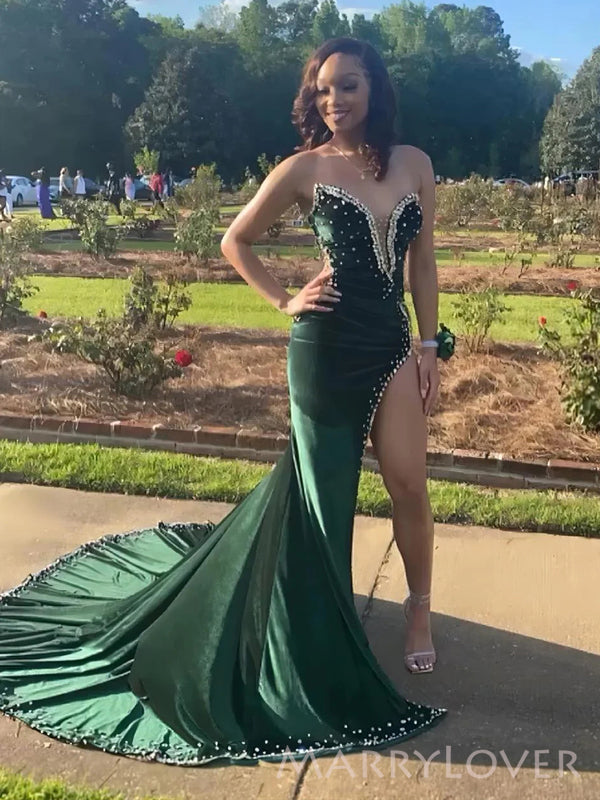 Gorgeous Green Velvet Beaded High Slit Long Evening Prom Dresses, Mermaid Strapless Prom Dress, MR8920