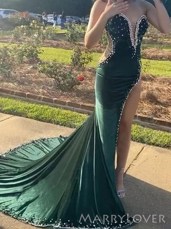 Gorgeous Green Velvet Beaded High Slit Long Evening Prom Dresses, Mermaid Strapless Prom Dress, MR8920