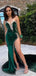 Gorgeous Green Velvet Beaded High Slit Long Evening Prom Dresses, Mermaid Strapless Prom Dress, MR8920