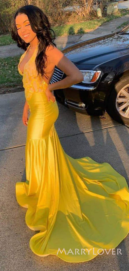 Mermaid Gold Satin V-neck Long Evening Prom Dresses, Halter Custom Prom Dress, MR8921