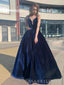 A-line Navy Blue Velvet Long Evening Prom Dresses, Spaghetti Straps V-neck Prom Dress, MR8924