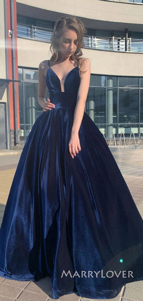 A-line Navy Blue Velvet Long Evening Prom Dresses, Spaghetti Straps V-neck Prom Dress, MR8924