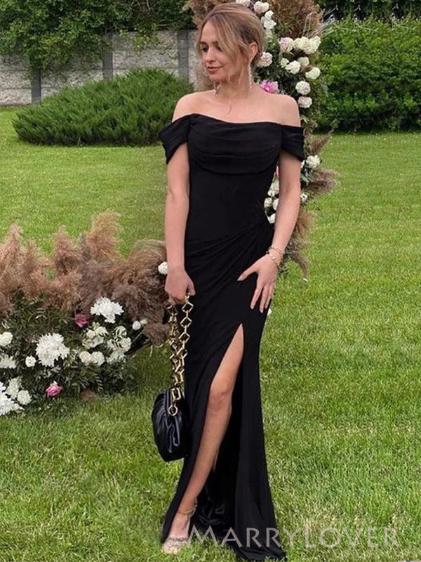 Off Shoulder Black Mermaid Long Evening Prom Dresses, Side Slit Prom Dress, MR8925