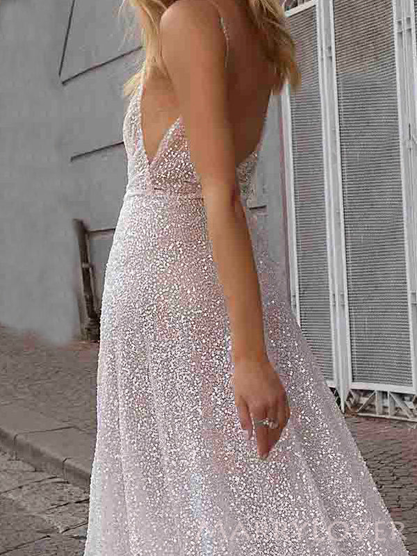 Deep V-neck Sparkly Sequins Long Evening Prom Dresses, Spaghetti Straps Prom Dress, MR8929