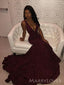 Burgundy Sequins Mermaid Long Evening Prom Dresses, Deep V-neck Prom Dress, MR8930