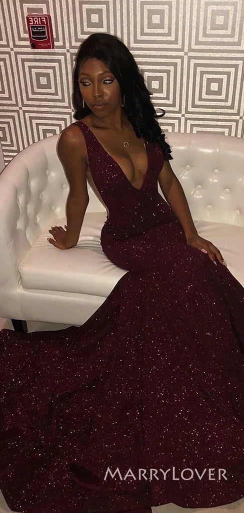 Burgundy Sequins Mermaid Long Evening Prom Dresses, Deep V-neck Prom Dress, MR8930