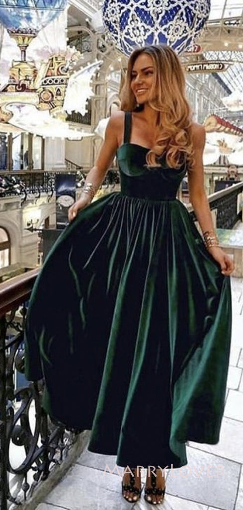 A-line Dark Green Velvet Straps Long Evening Prom Dresses, Sweetheart Prom Dress, MR8934