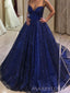 Sweetheart Blue Sequins Spaghetti Straps Long Evening Prom Dresses, A-line Prom Dress, MR8936