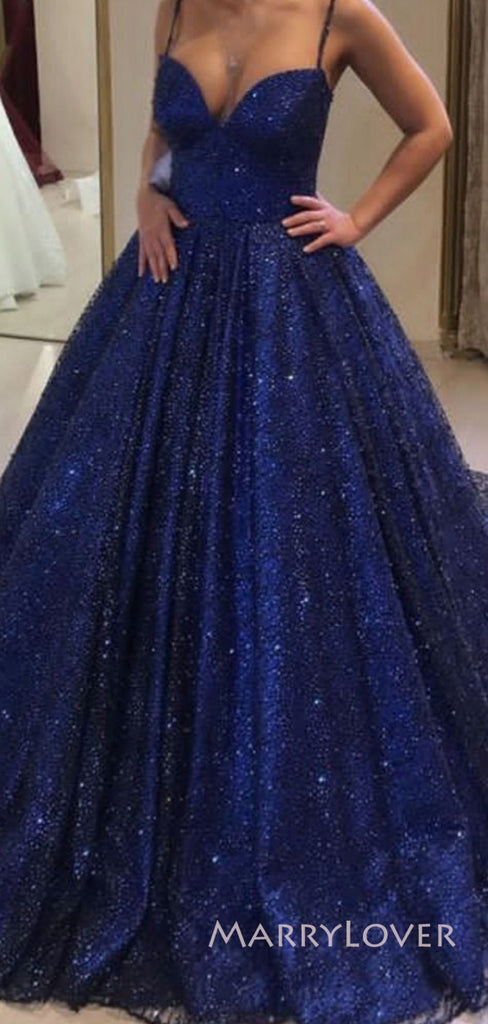 Sweetheart Blue Sequins Spaghetti Straps Long Evening Prom Dresses, A-line Prom Dress, MR8936