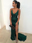Spaghetti Straps Dark Green Satin V-neck Long Evening Prom Dresses, Mermaid Prom Dress, MR8939