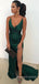 Spaghetti Straps Dark Green Satin V-neck Long Evening Prom Dresses, Mermaid Prom Dress, MR8939