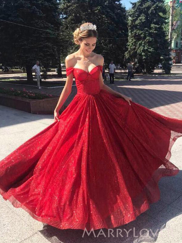 Off Shoulder Red Sequins A-line Long Evening Prom Dresses, Sweetheart Prom Dress, MR8940