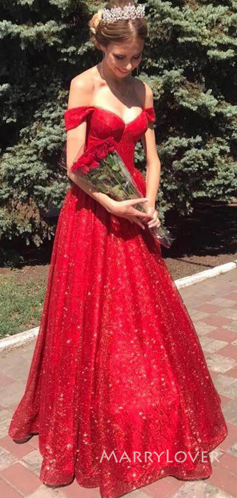 Off Shoulder Red Sequins A-line Long Evening Prom Dresses, Sweetheart Prom Dress, MR8940