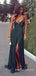 Sexy Dark Green Satin Spaghetti Straps Long Evening Prom Dresses, V-neck Prom Dress, MR8944