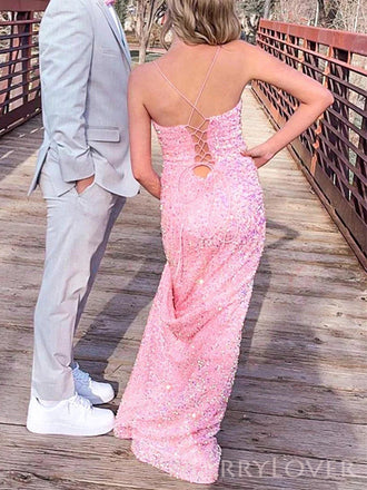 Pink Sequins Mermaid Spaghetti Straps Long Evening Prom Dresses, V-neck Prom Dress, MR8950
